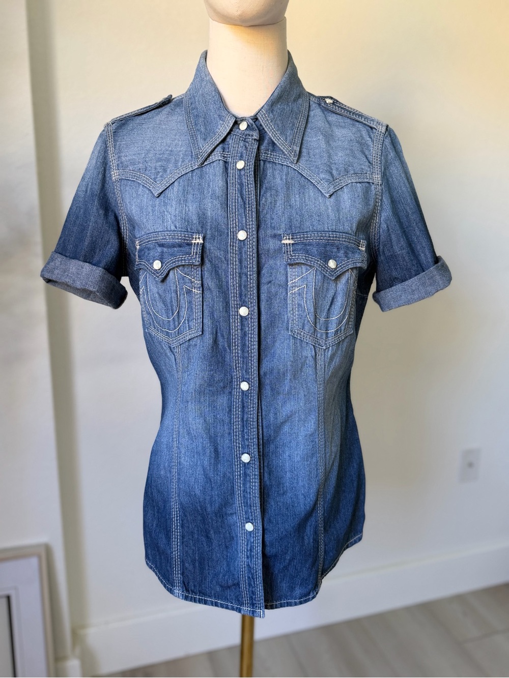 True Religion Denim Shirt in Faded Blue with Red Label